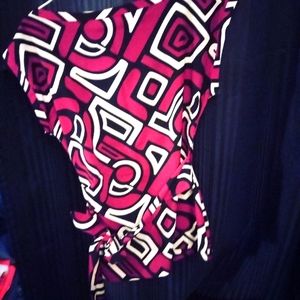 No sleeve blouse, silk satin polyester, purple neon art deco pattern